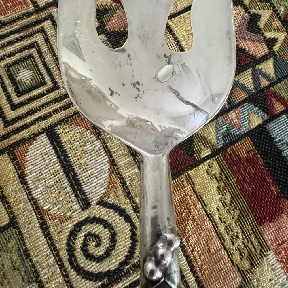 Mid-Century Sterling Silver Salad Servers Wood Handle 13” Plata Mexico‎ DF